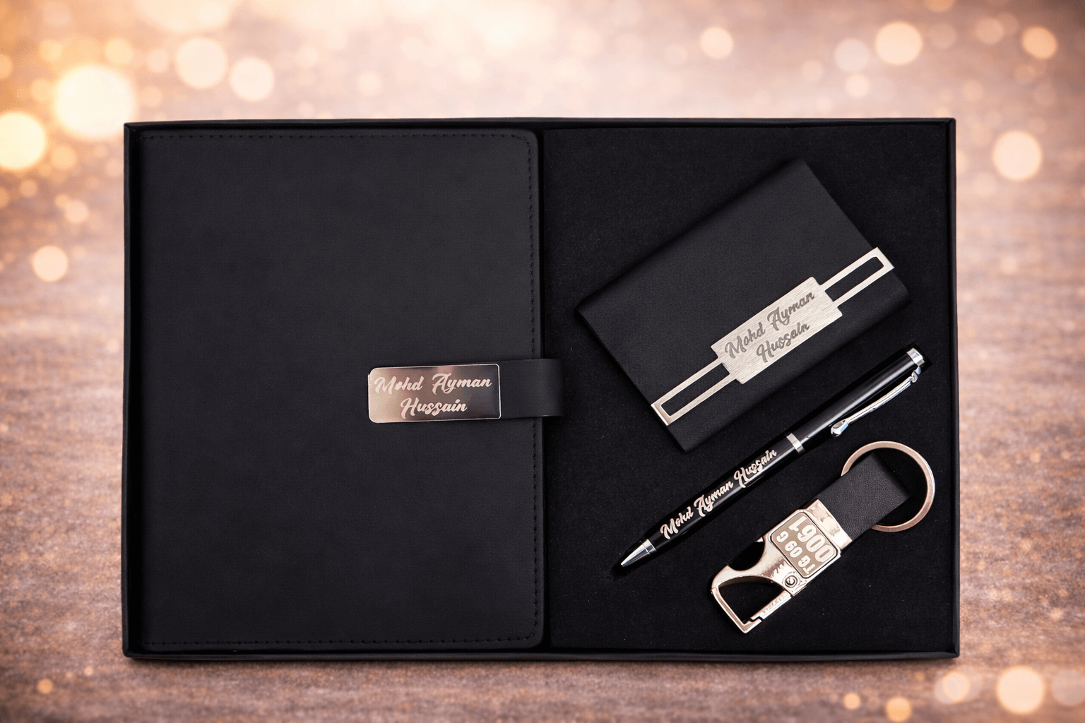 4 in 1 personalized engraved gift set with diary, pen, card holder and keychain